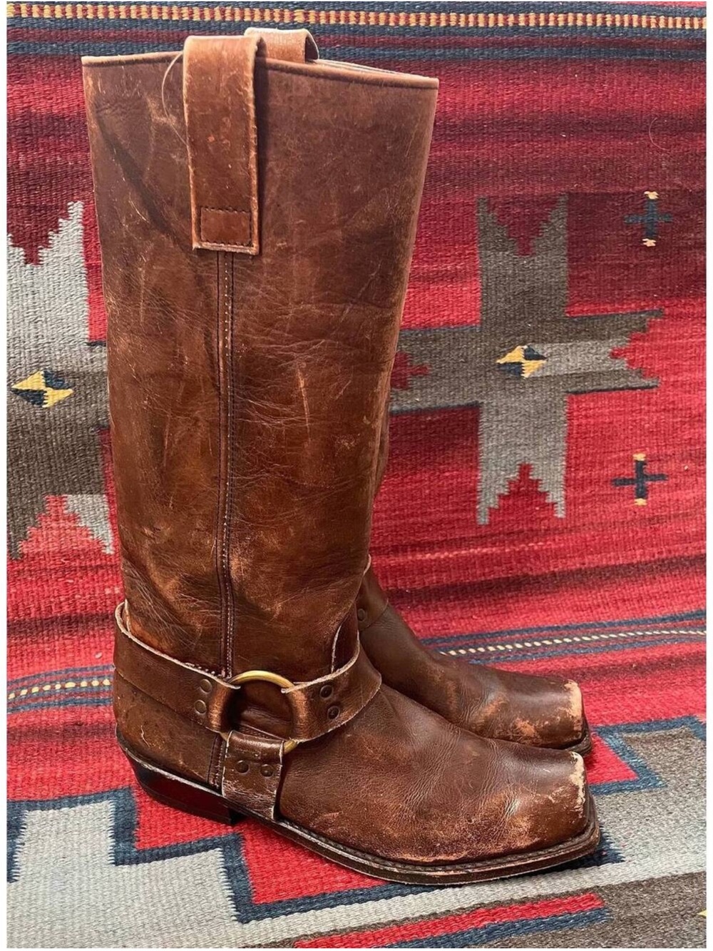 1960's Distressed Harness Moto Square Toe Tall Boots Mens size 8.5  ( Ladies 10)